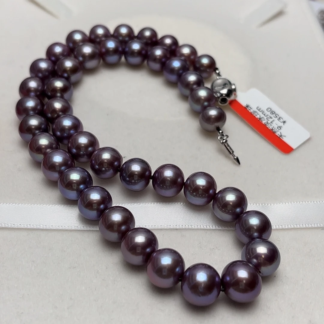 淡水珍珠颈饰银S925镶嵌9-12近正圆蓝莓妖紫