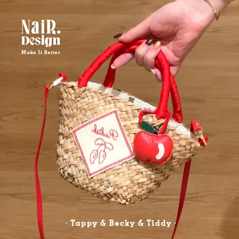 古莉奈尔苹果编织包手工草编斜跨单肩包夏季度假感装饰包挂包包