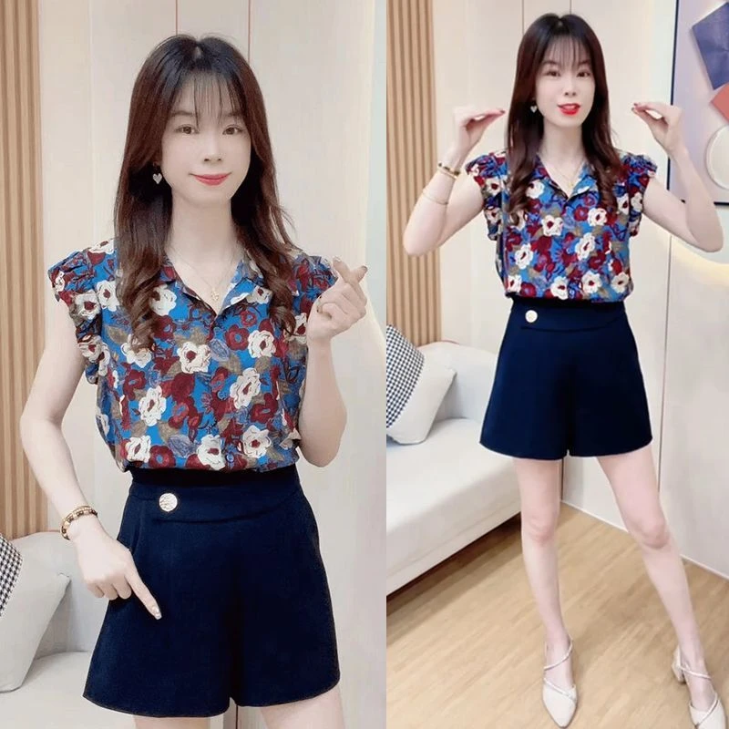 欧美复古高级感衬衫女2025夏季新款时尚玫瑰印花荷叶