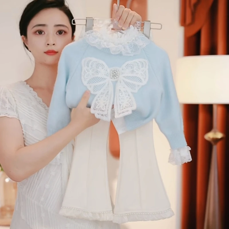 媛媛妈专属春秋季女童新款洋气针织上衣小女孩甜美蝴蝶结套头毛衣