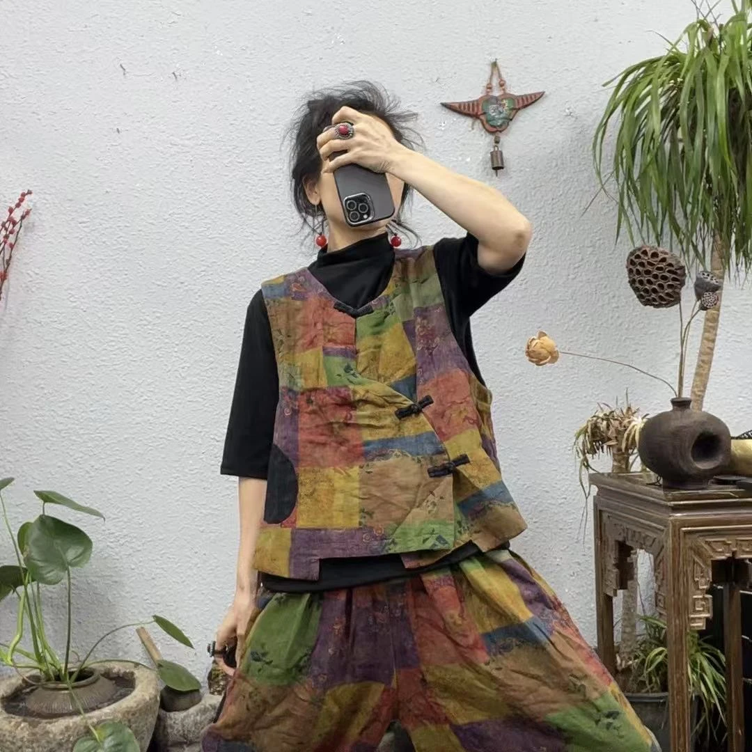 2623格纹花色织麻格纹织法斜盘扣左拼口袋马甲（前55后61胸围116