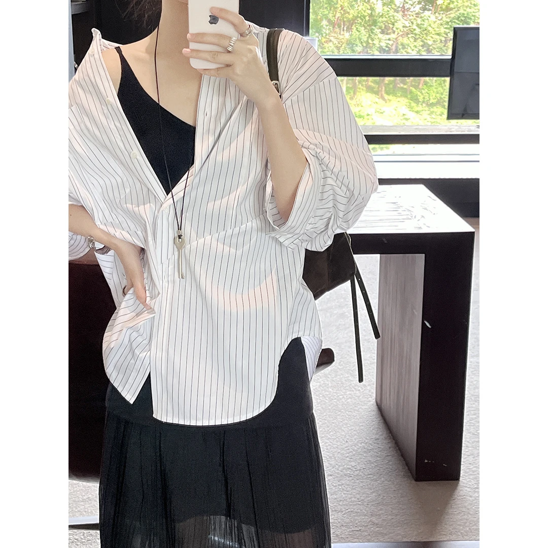 秋上新法式重工立裁解构廓形通勤百搭白色条纹衬衫