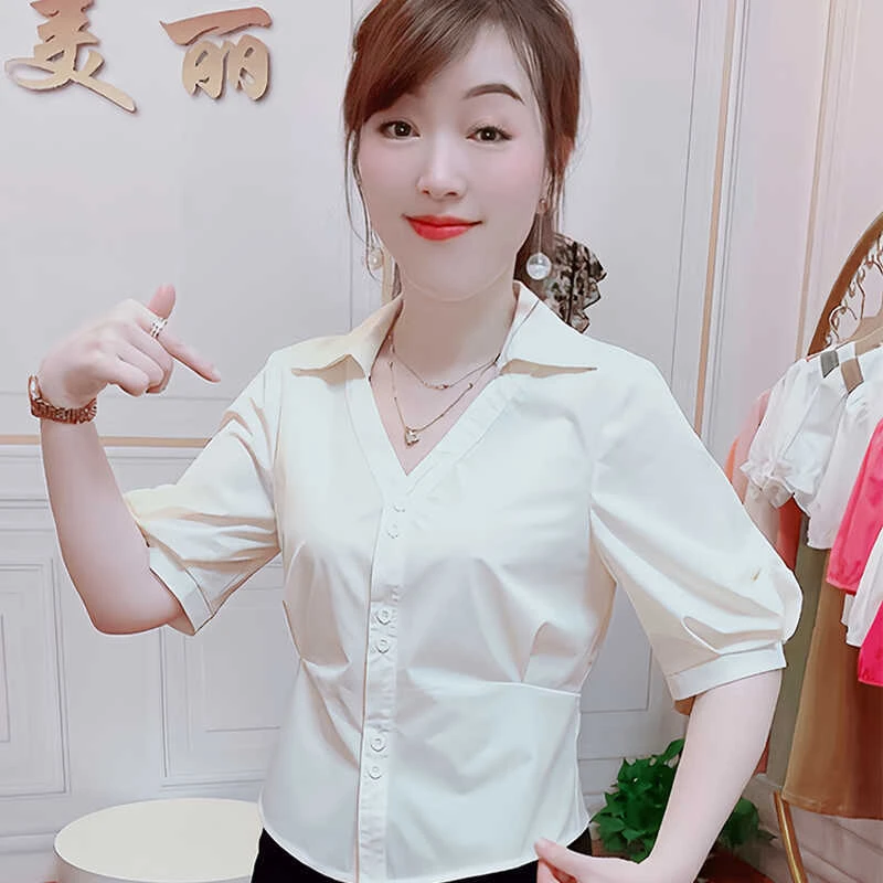 小个子短袖衬衫女士轻薄透气衬衣2025夏季新款修身小衫五分袖上衣