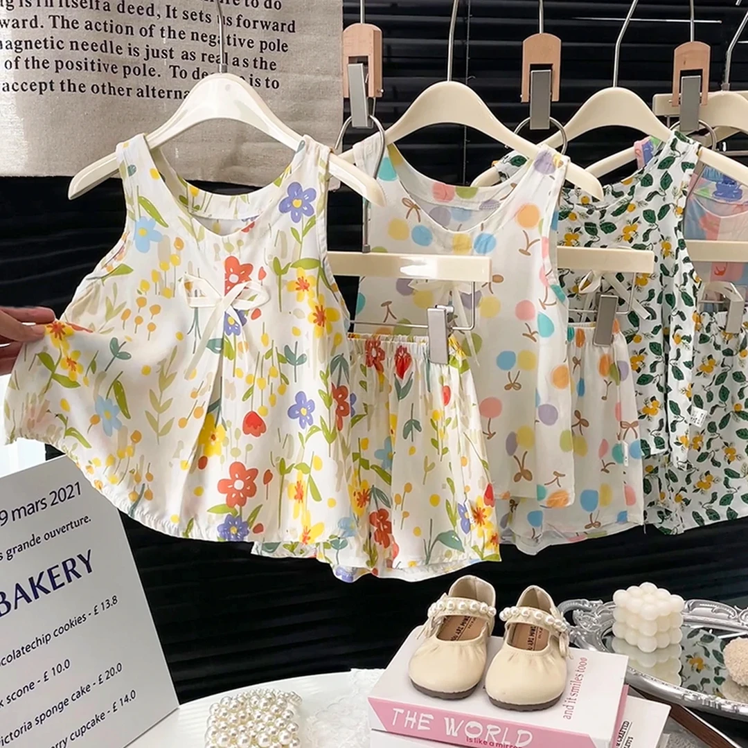 儿童绵绸套装夏季薄款洋气女童宝宝无袖短裤背心棉绸家居服两件套