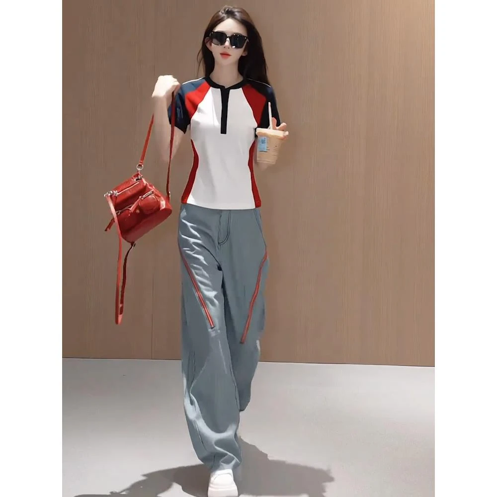 2025今年夏季新款休闲百搭蓝色窄版阔腿裤套装显瘦宽松短袖两件套