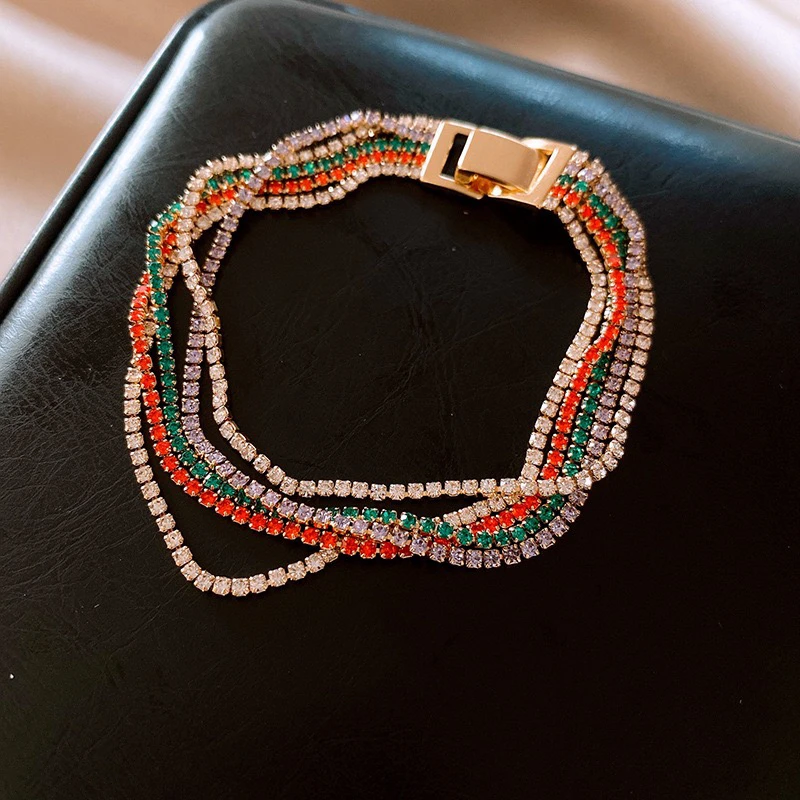 铜合金锆石手链 欧美简约彩色镶钻多层手链气质轻奢高级感手链