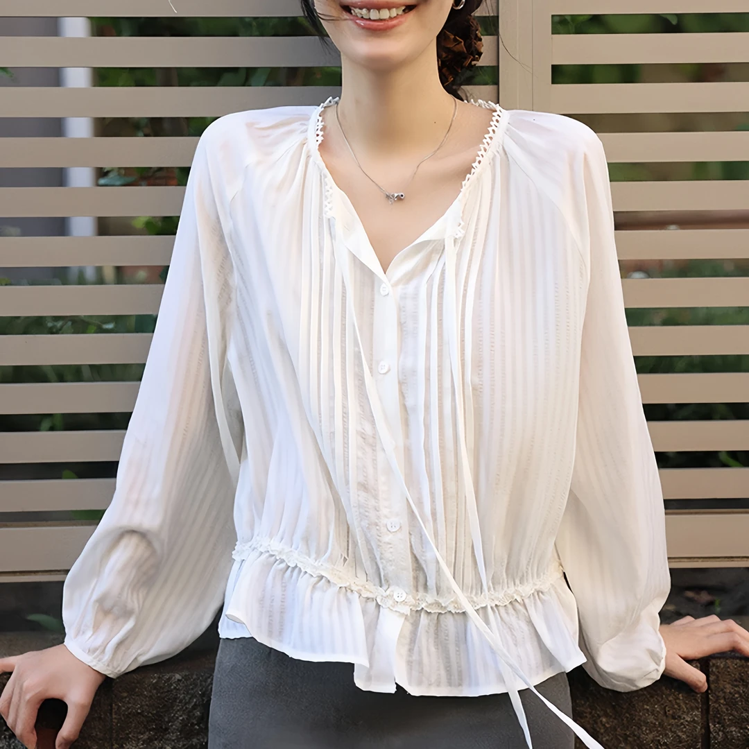 SM潮流法式蕾丝压褶小衬衫女早秋季新款宽松休闲高级洋气百搭上衣