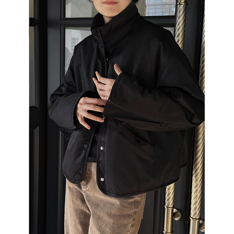 LANGQING 黑色轻薄冬季立领短款棉衣高级保暖休闲夹克40819#