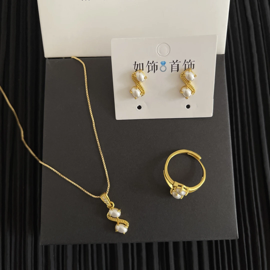 铜项链 如饰 新款仿珍珠三件套套装时尚百搭气质精美