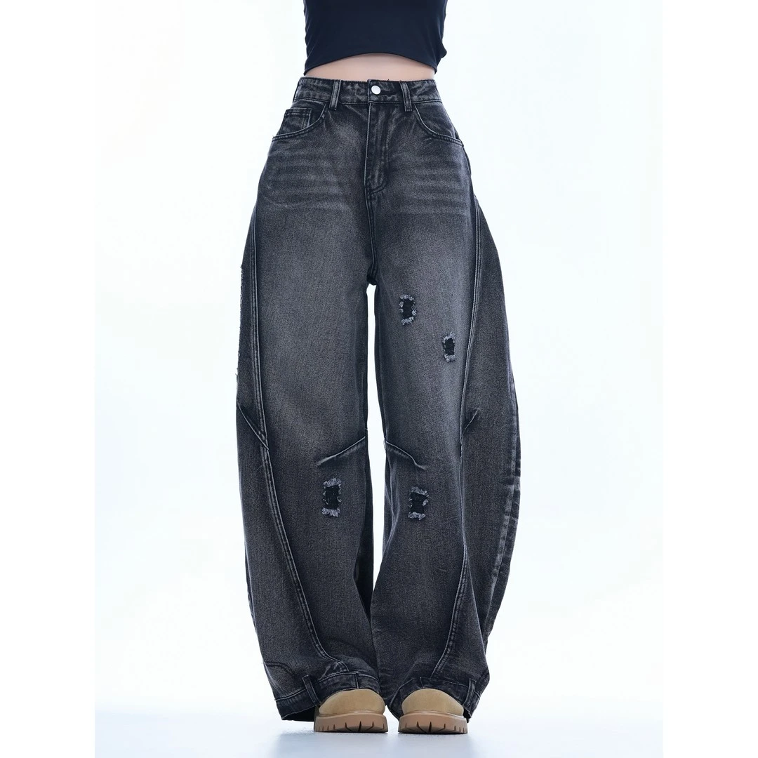 美式高街vibe复古分割弯刀裤磨破设计感新款阔腿牛仔裤男女款潮牌