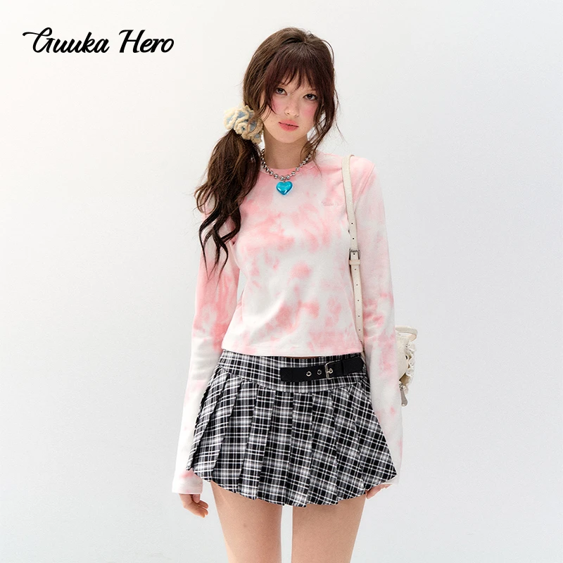 GUUKA HERO扎染正肩圆领长袖T恤秋新款韩系休闲百搭上衣显瘦T5807