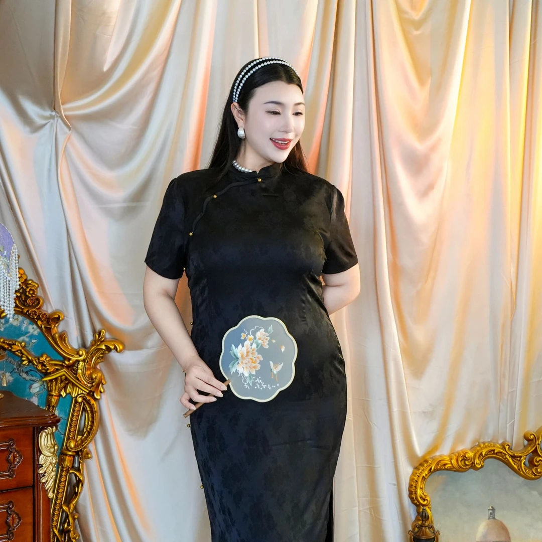 【仟艺】【晚星月色】大码女装胖mm显瘦新中式改良连衣裙醋酸缎面包臀