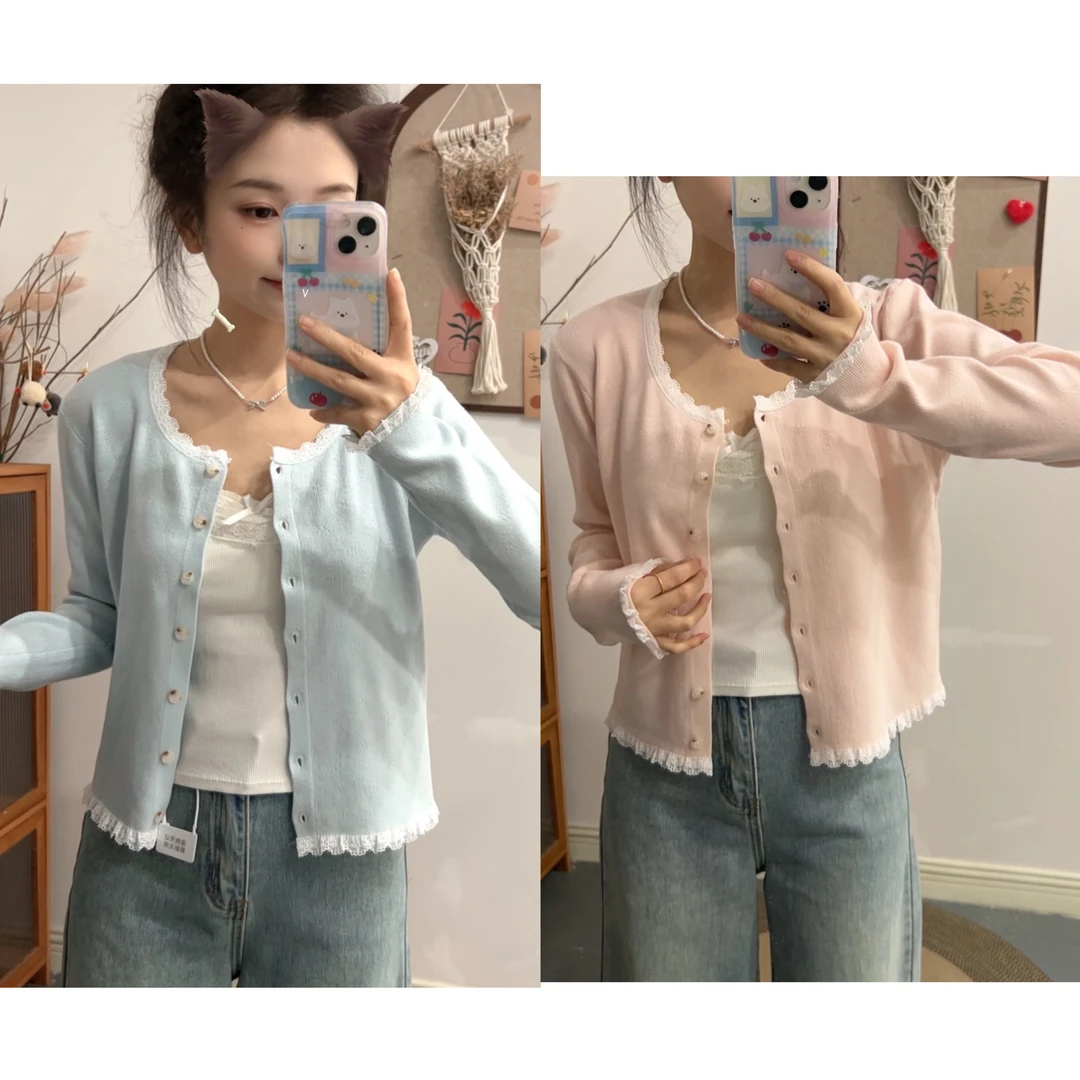 小个子软糯韩系拼接蕾丝设计针织开衫179