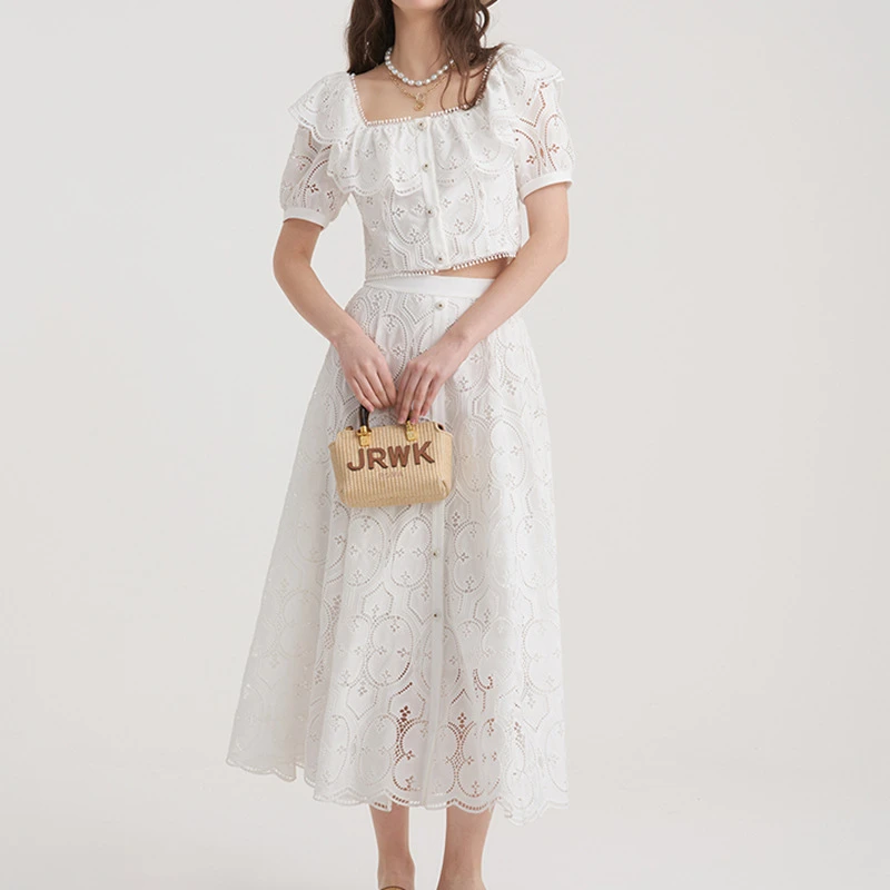 2025新款白色套装裙小众方领蕾丝镂空短上衣半身裙两件套2044
