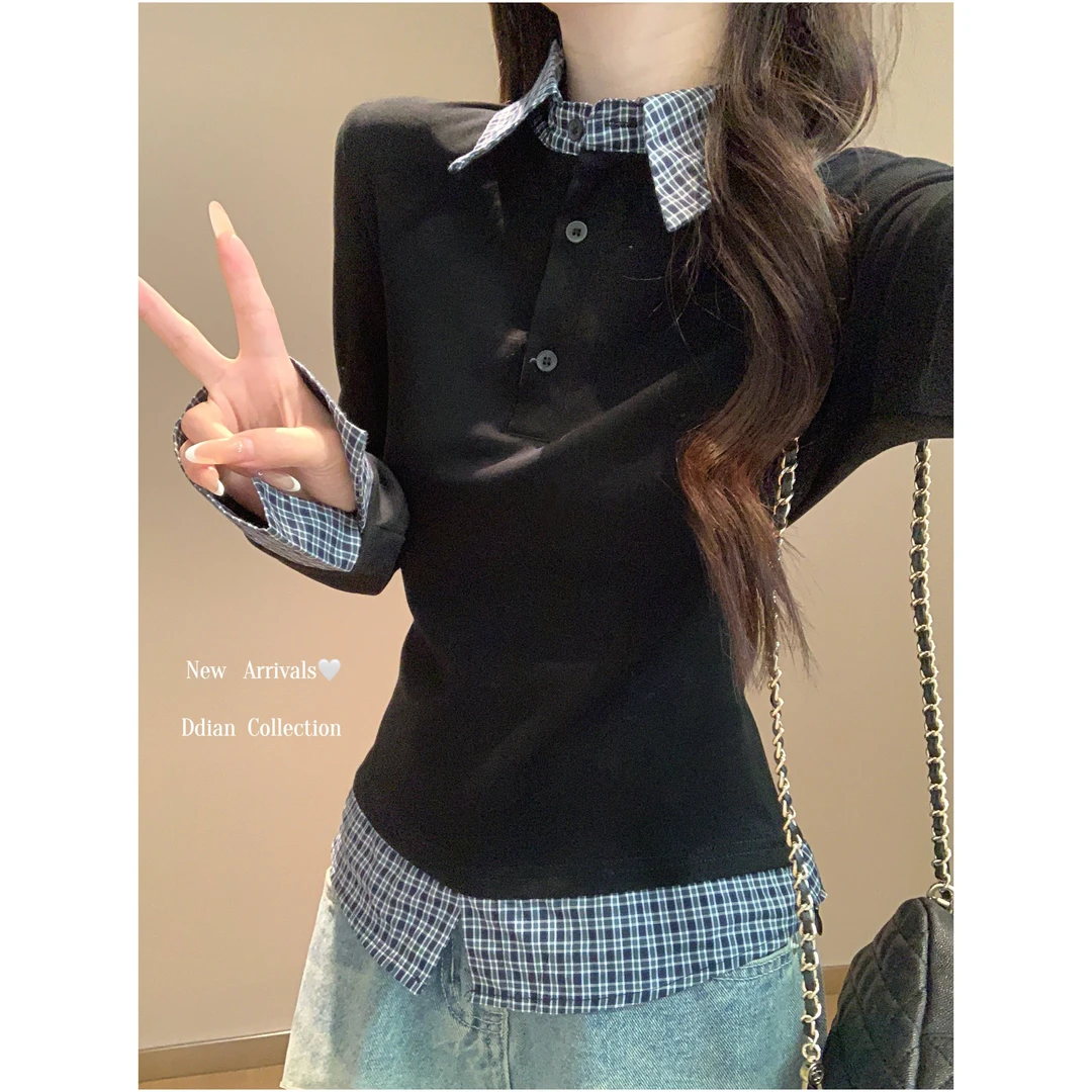 十二针学院风polo领格纹拼接假两件T恤女秋冬内搭打底衫修身上衣