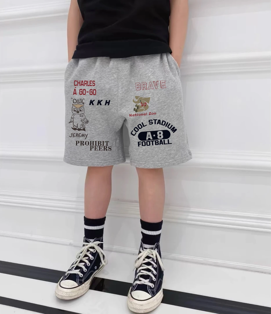 夏季鲨鱼新款儿童印花休闲毛圈卫裤中大童短裤宽松男童中裤时尚