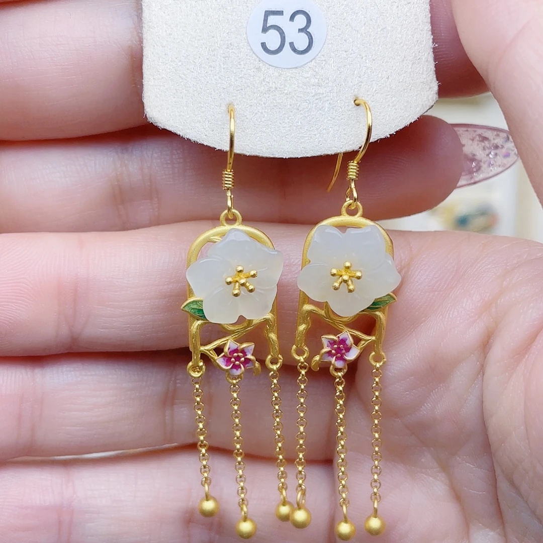 和田玉银S925镀金镶嵌耳饰