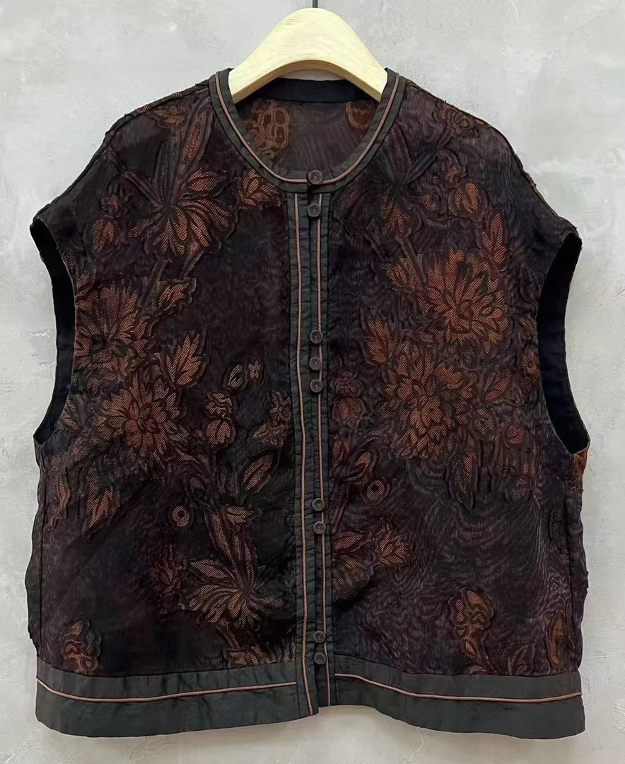 古澜木3519桑蚕丝圆领对襟花色马甲 长60 围120