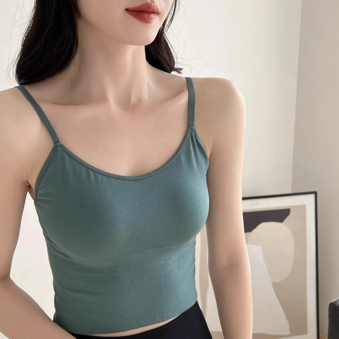 普拉提桑蚕丝内搭小吊带文胸带罩杯一体提拉反重力聚拢美背文胸