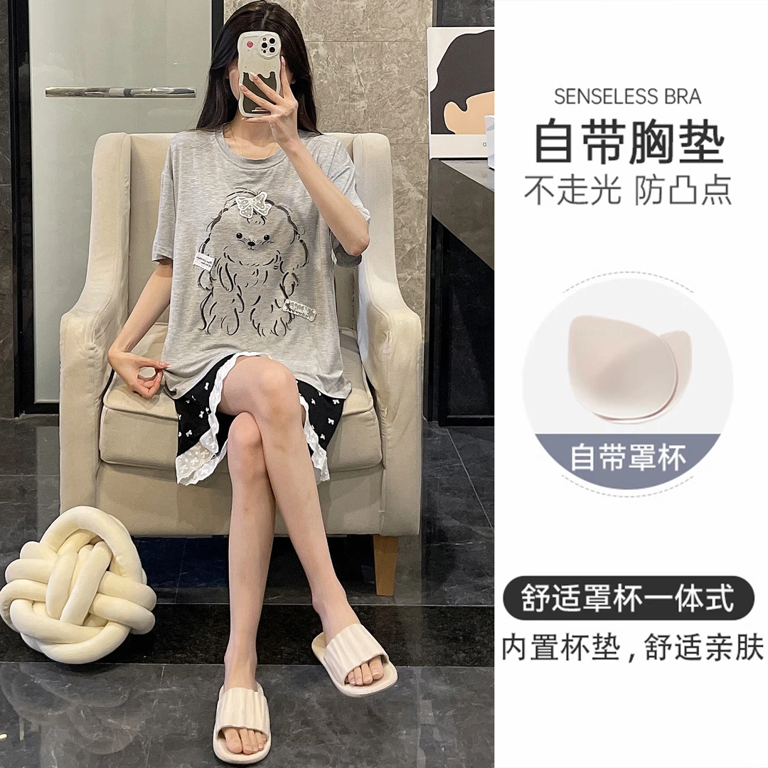 睡衣女夏季短袖大码带胸垫2025新款卡通小狗家居服夏天套装