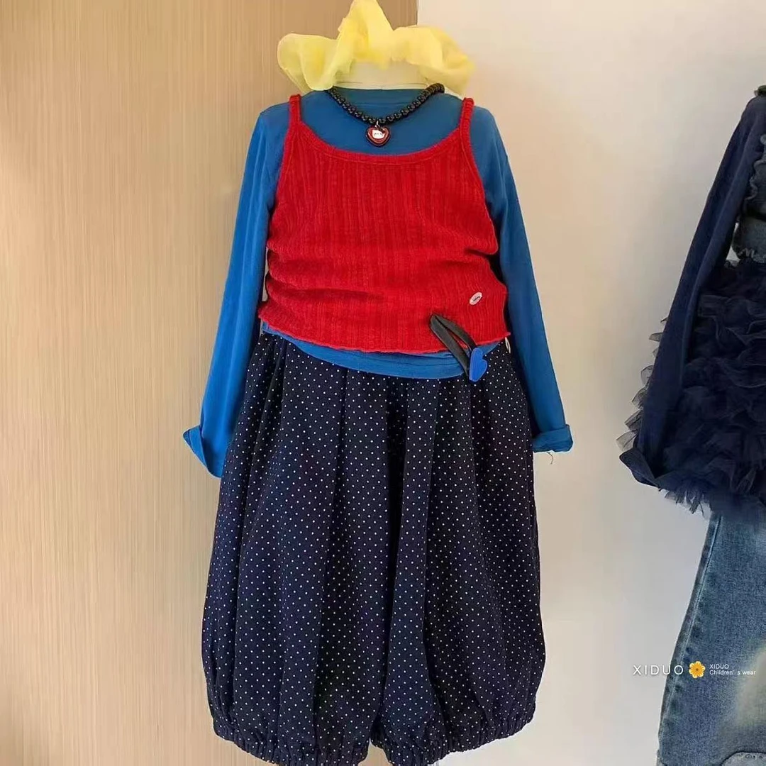 童装女童多巴胺套装秋季小女孩彩色叠穿针织吊带底衫波点灯笼裤