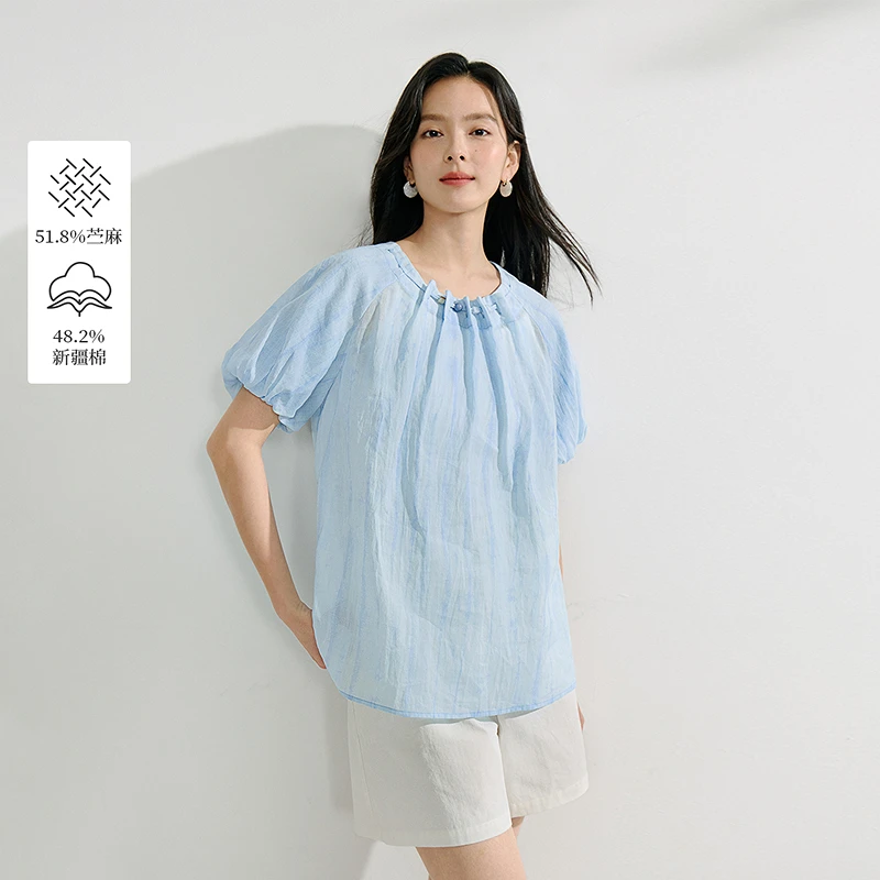 【一秒入夏】茵曼夏季圆领串珠褶皱棉苎麻欧若风泡泡袖短袖衬衫
