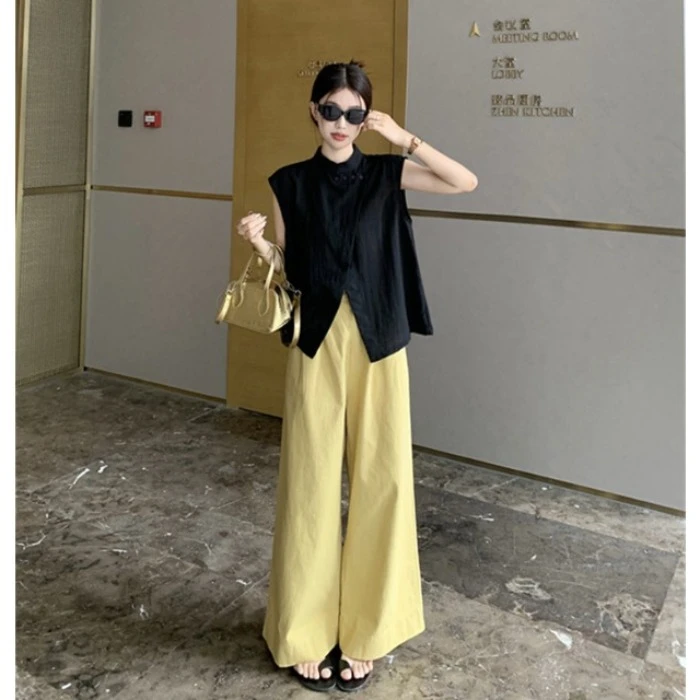 休闲套装新中式黑色立领衬衫女夏季新款高腰宽松显瘦阔腿裤两件套