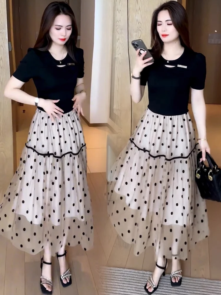 时尚短袖连衣裙女2025夏季新款气质收腰显瘦拼接波点网纱中长裙潮