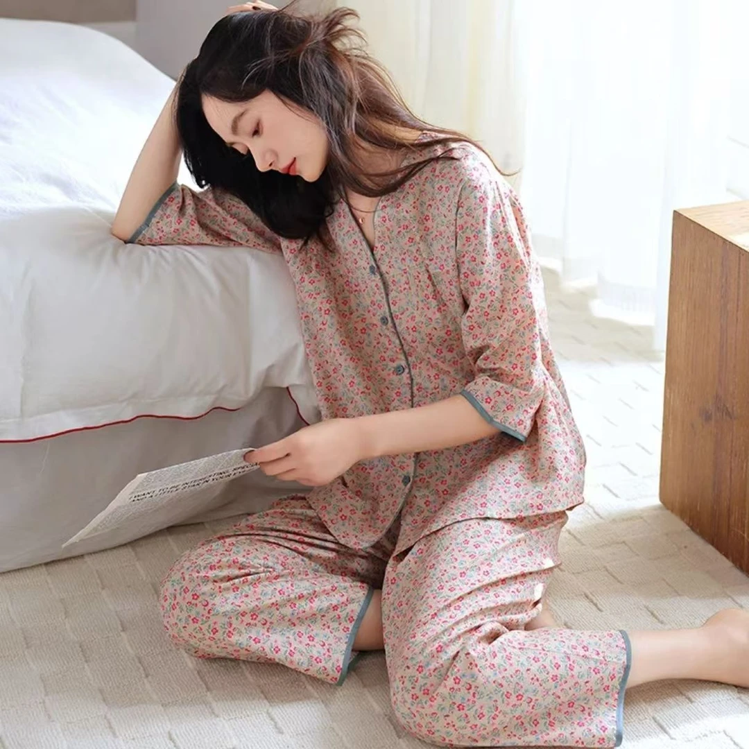 春夏季女士不起球睡衣套装舒适不褪色家居服可外穿奢华