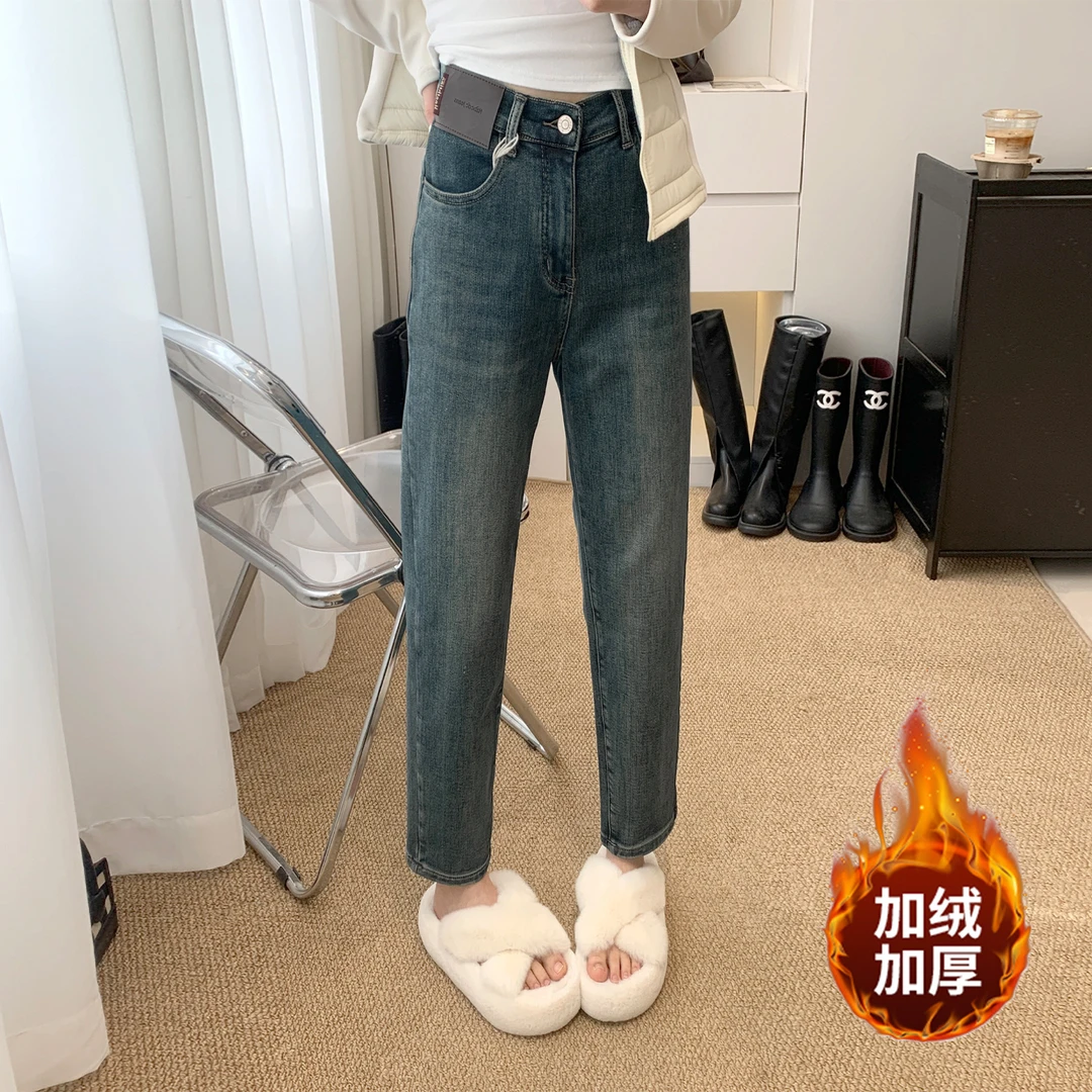 敲推荐小个子！保暖舒适高质绒感 后松紧高腰皮标弹力牛仔裤