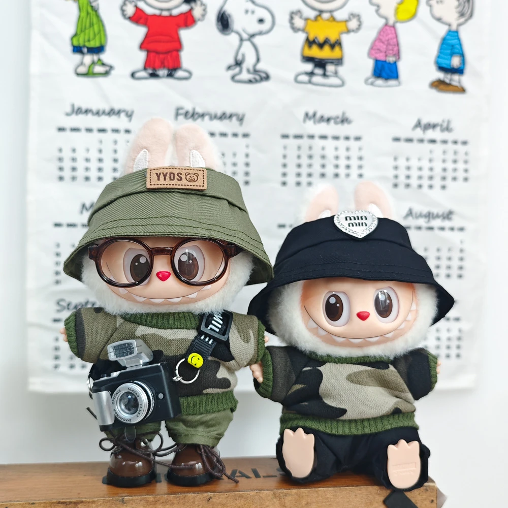 17cm一二三代Labubu娃衣坐坐拉布布派对衣服潮流迷彩服套装渔夫帽
