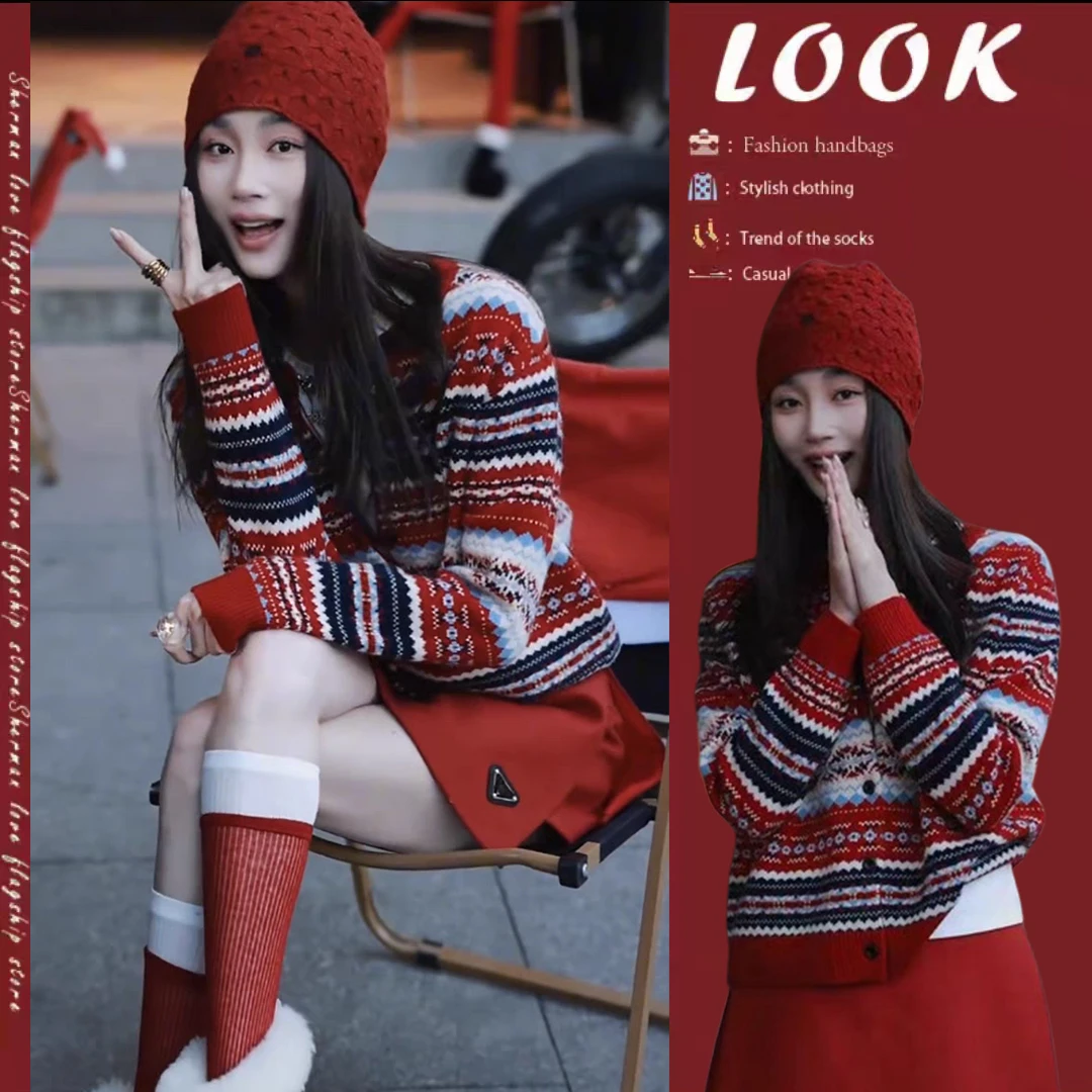 新年喜庆氛围感穿搭2025年早春新款时尚百搭简约针织开衫短裙套装