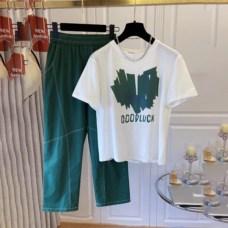 时尚字母洋气休闲套装女夏宽松显瘦圆领短袖T恤萝卜七分裤两件套