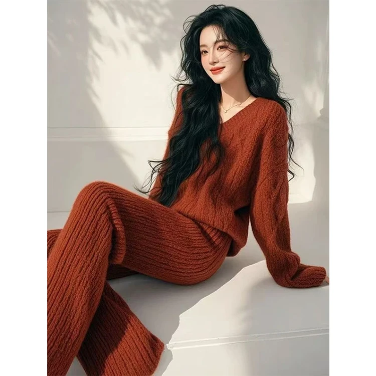 高级感冬天搭配一整套时尚2024新款气质咖色针织上衣裤子两件套装