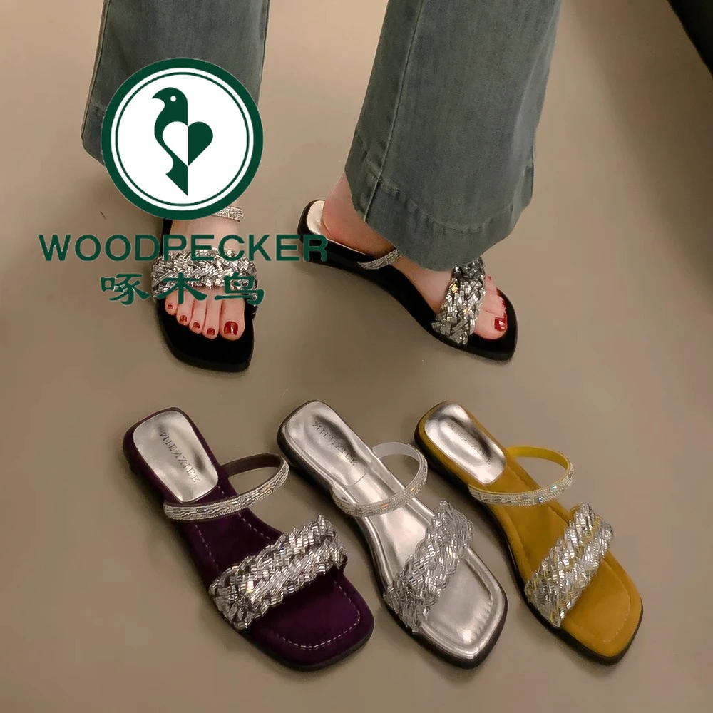 啄木鸟网红水钻拖鞋女夏外穿2025新款气质法式仙女风一字带凉拖鞋