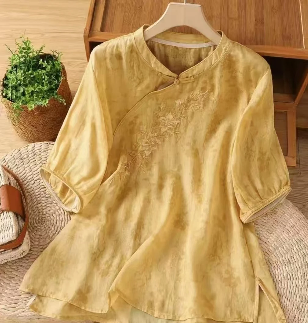 运费补贴-2025新款新中式国风花衬衫女复古斜襟盘扣茶服上衣