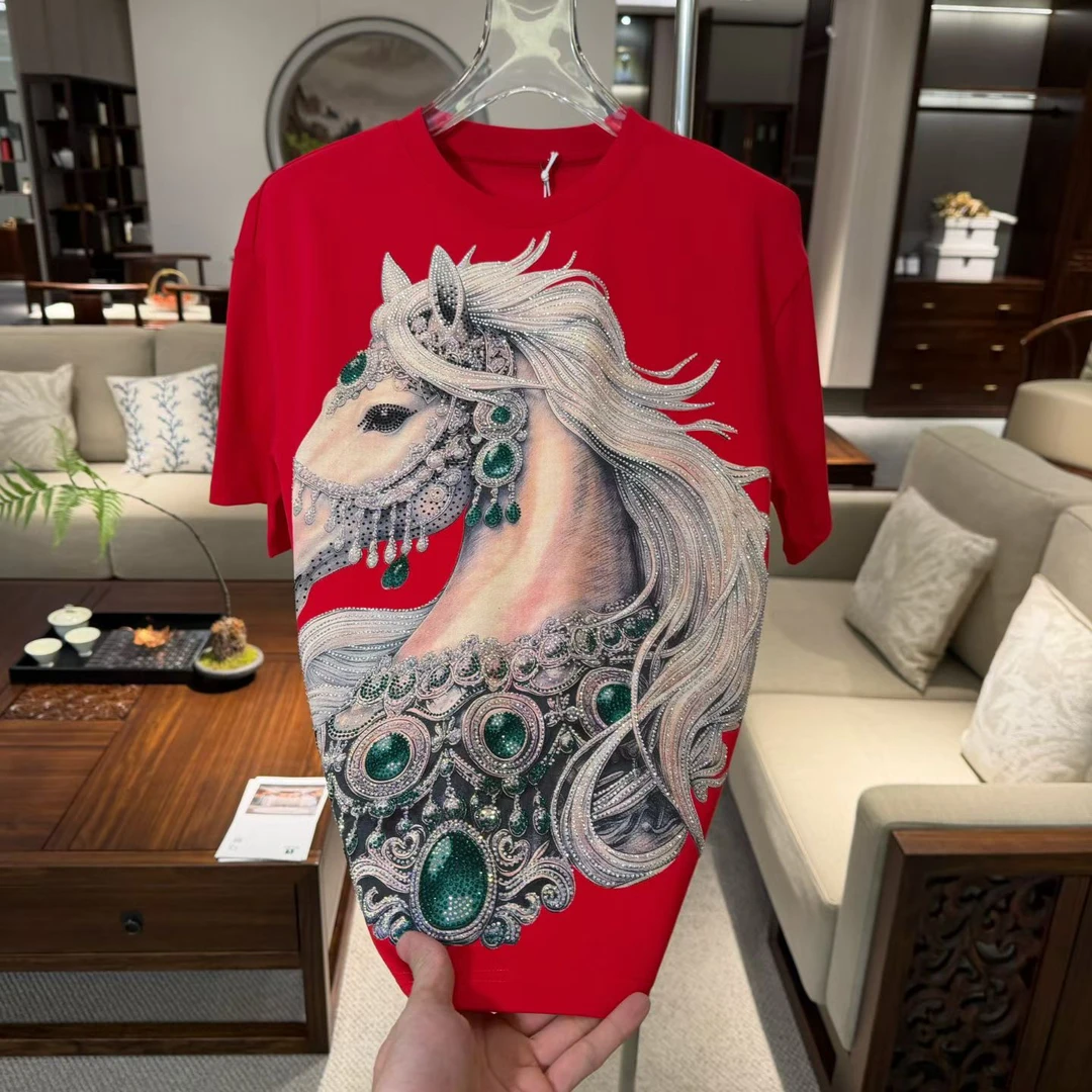 马年新款烫钻男士高品质重工短袖男款圆领百搭T恤半袖时尚宽松