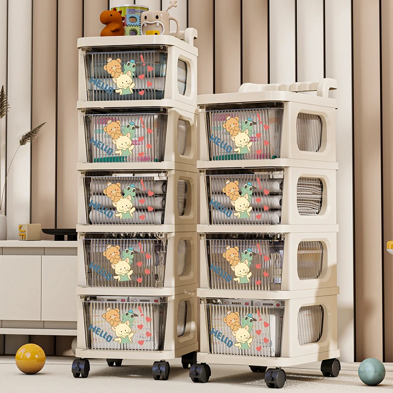 零食收纳柜家用底部滑轮分类收纳大容量透明小推车储物柜收纳架