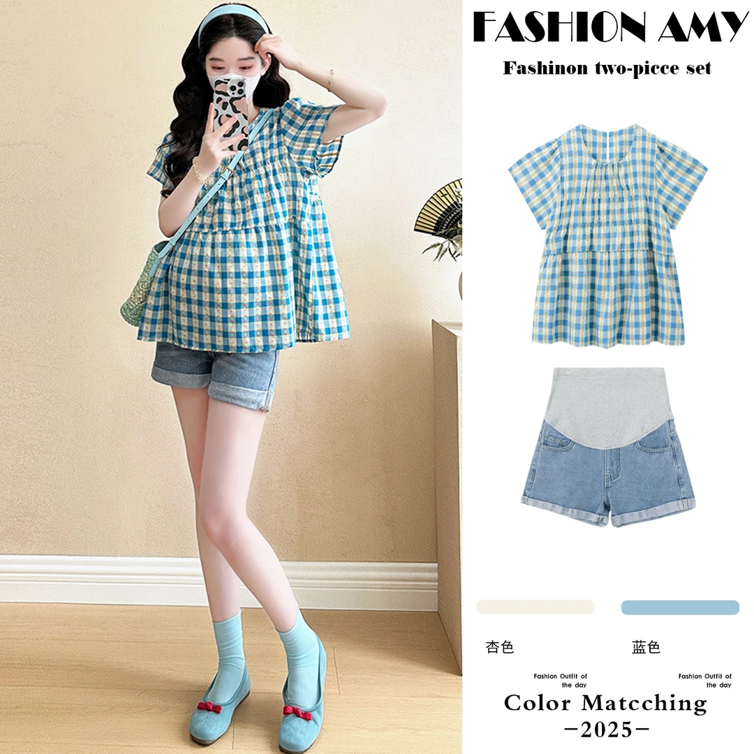 孕妇套装夏装新款洋气时尚小个子碎花短袖娃娃衫上衣休闲牛仔短裤