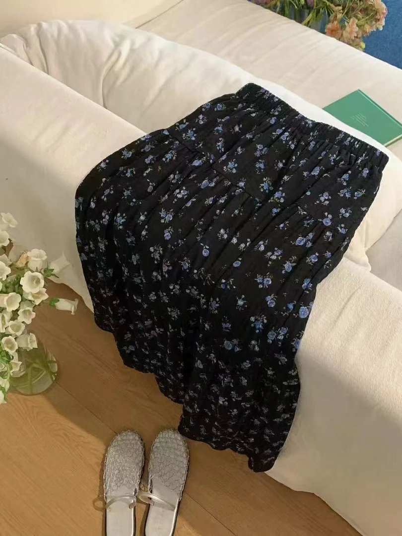 9057藏青底蓝花韩版新款女装宽松半身裙 长82