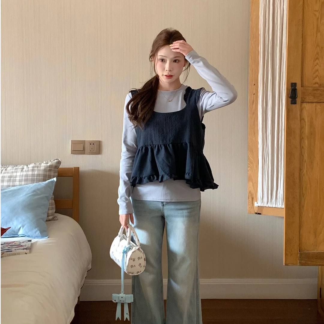 （叮叮）春游出行衣服2025新款韩版系带木耳边吊带上衣两件套C386