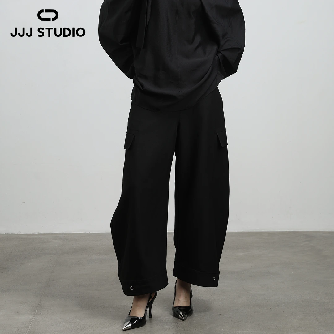JJJ STUDIO黑色显瘦阔腿弯刀裤休闲松弛感九分裤秋新款JDWWA2K315