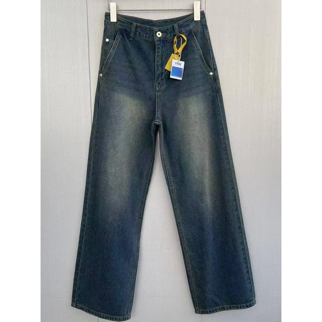 宝丫轻奢 女式舒适百搭阔腿磨白直筒牛仔裤K1202