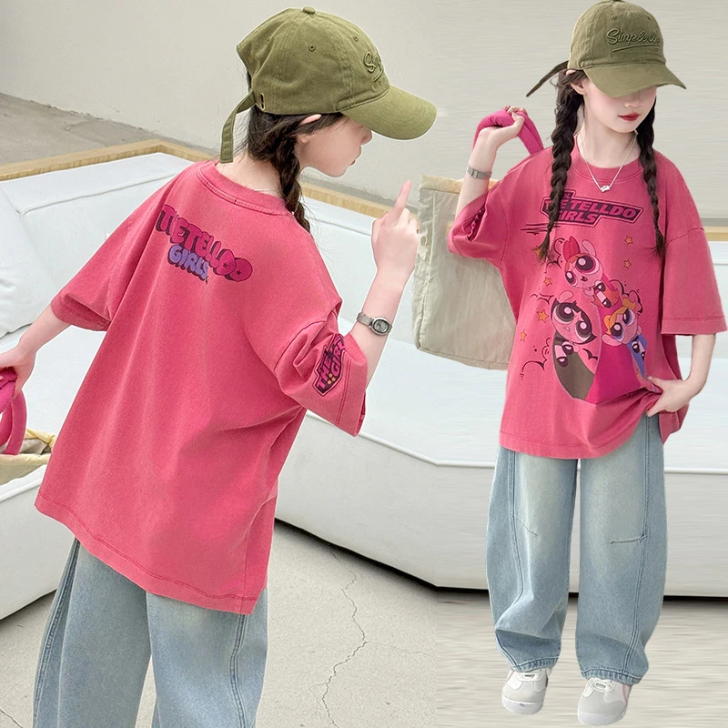 女童夏季新款飞天女娃t恤弯刀牛仔裤套装中大童休闲两件套2025潮