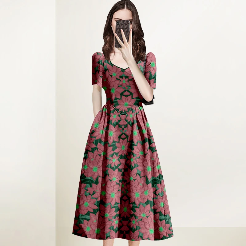 法式收腰泡泡袖印花连衣裙女2025年夏季新款方领显瘦气质漂亮裙子