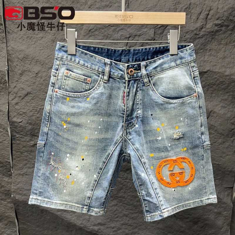 小魔怪夏季薄款破洞牛仔短裤男款五分裤潮牌弹力刺绣泼墨中裤