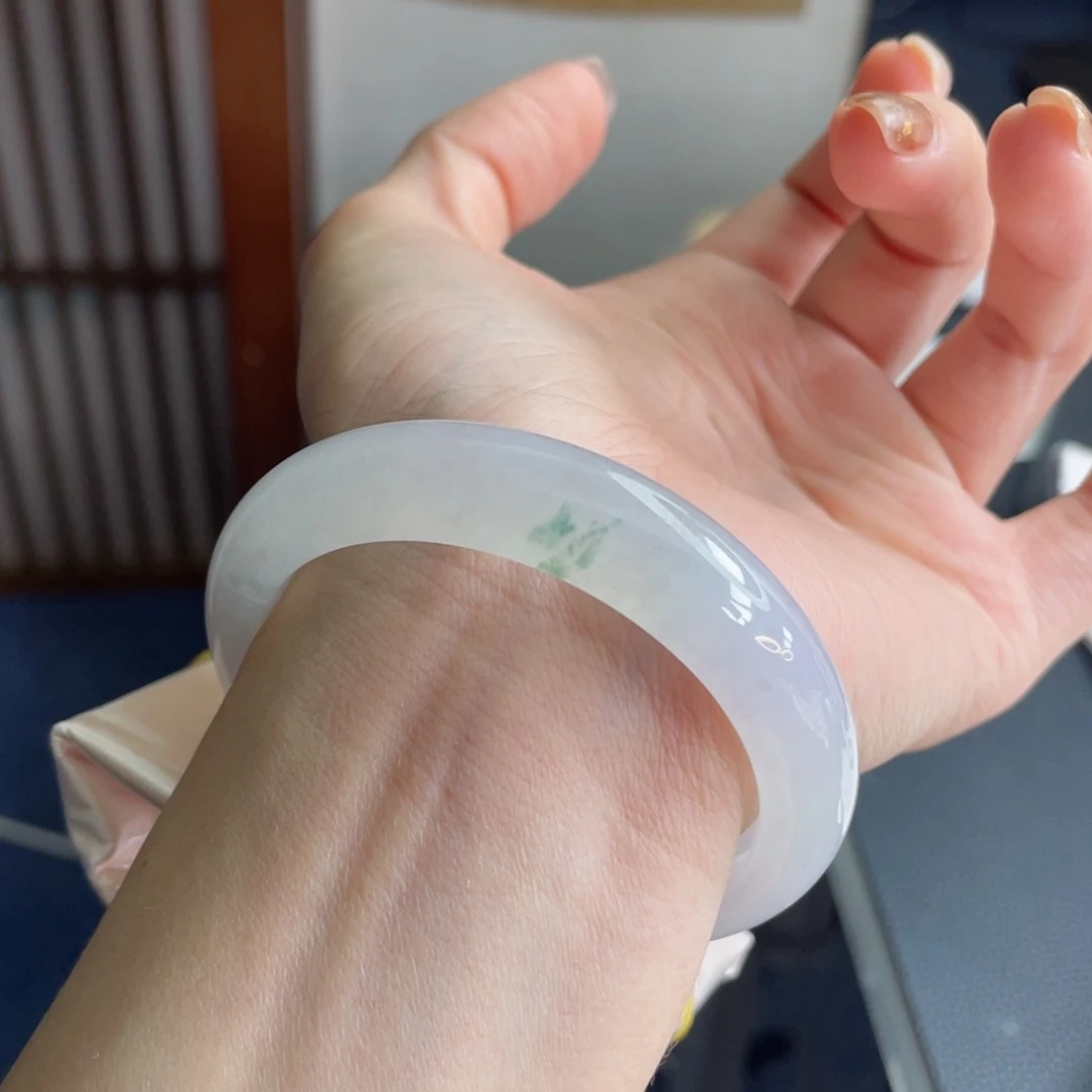 未镶嵌手镯翡翠53.8正圈 白冰飘紫飘翠 大冰透19号