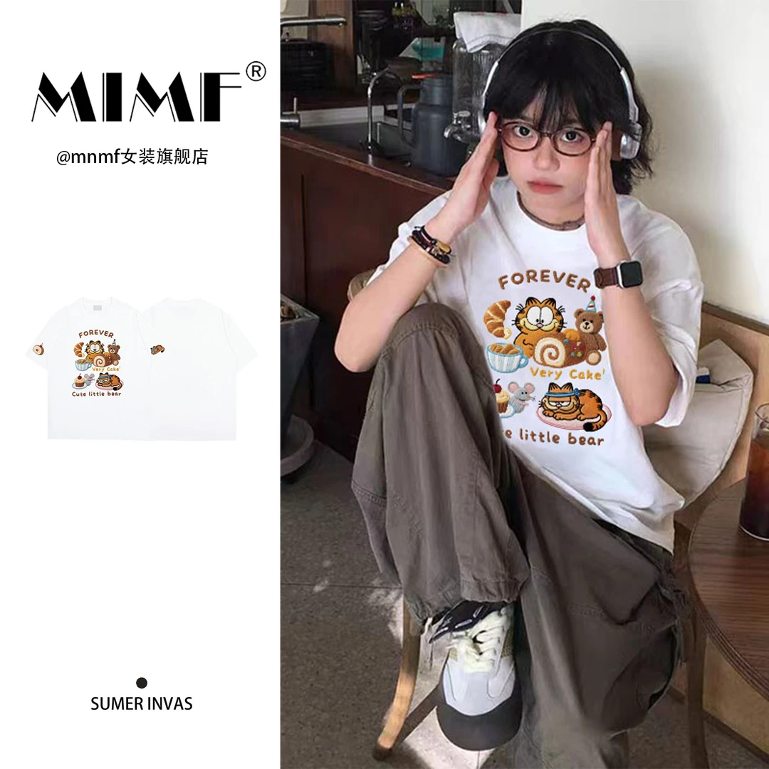 mnmf【仿刺绣印花】韩版休闲装猫咪印花上衣夏季纯棉宽松短袖T恤女