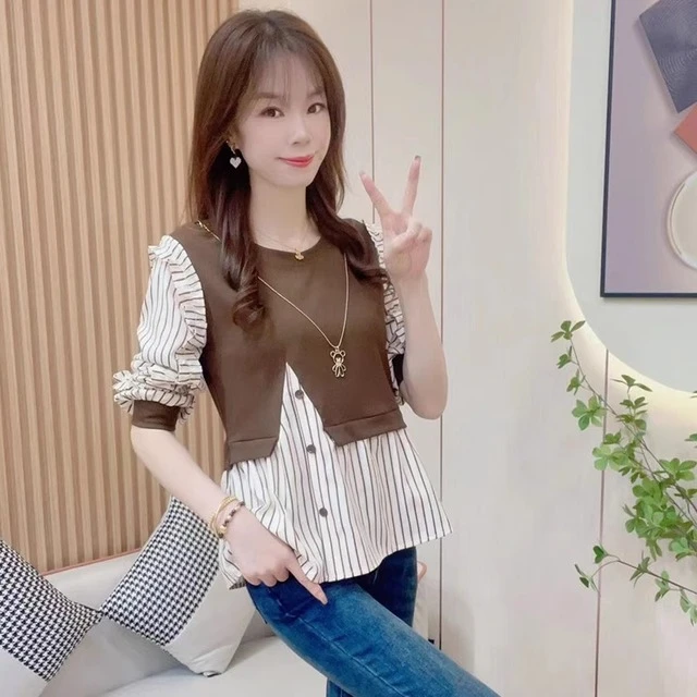 大码女装时尚减龄遮肚子长袖衬衫早秋新款洋气休闲拼接假两件上衣