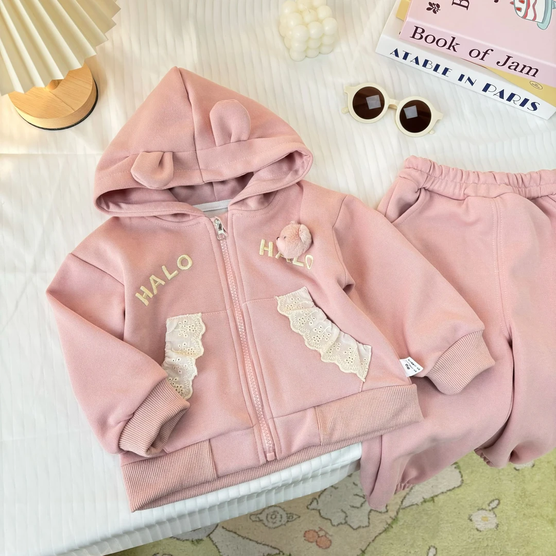 女宝宝春装卡通连帽外套哈喽小熊时髦百搭休闲卫裤两件套SJ-J-A13